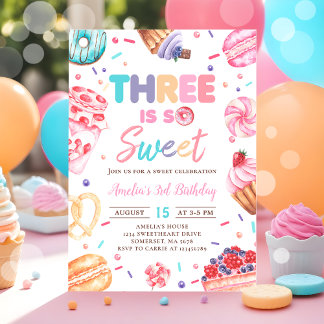 Three Is Sweet Donut Candy 3rd Birthday Invitation