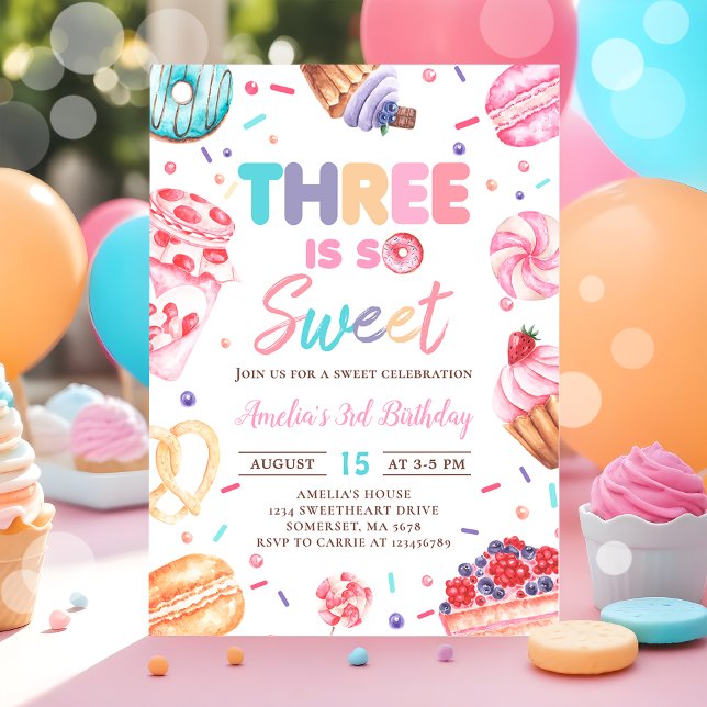 Three Is Sweet Donut Candy 3rd Birthday Invitation (Creator Uploaded)