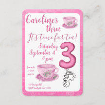 Three It’s Time for Tea 3rd Birthday Invitation