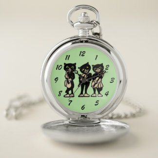 Three Jazz Musician Black Cats Music Instruments Pocket Watch