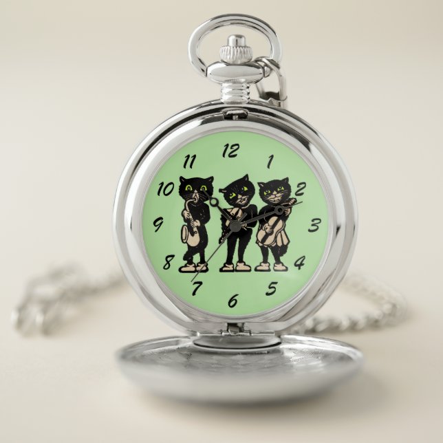 Three Jazz Musician Black Cats Music Instruments Pocket Watch (Inside)