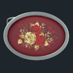 Three Jewelry Roses Belt Buckle<br><div class="desc">The composition of two artistically painted red roses and one golden rose,  decorated with gold,  jewel leaves on textured background.</div>