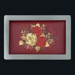 Three Jewelry Roses Belt Buckle<br><div class="desc">The composition of two artistically painted red roses and one golden rose,  decorated with gold,  jewel leaves on textured background.</div>