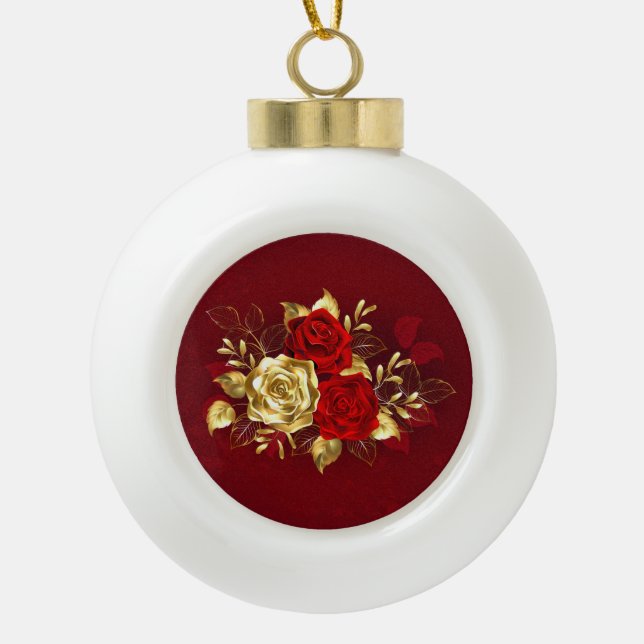 Three Jewelry Roses Ceramic Ball Christmas Ornament (Front)