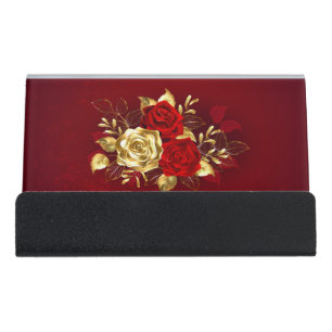 Three Jewelry Roses Desk Business Card Holder