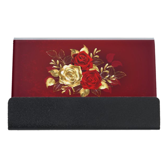 Three Jewelry Roses Desk Business Card Holder (Front)