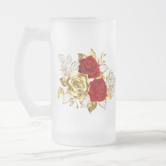 Three Jewelry Roses Frosted Glass Beer Mug (Left)