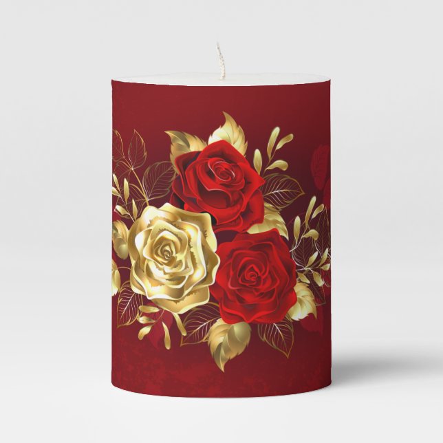 Three Jewelry Roses Pillar Candle (Front)