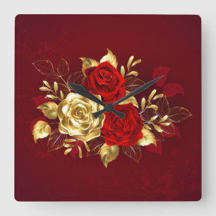 Three Jewelry Roses Square Wall Clock