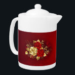 Three Jewelry Roses Teapot<br><div class="desc">The composition of two artistically painted red roses and one golden rose,  decorated with gold,  jewel leaves on textured background.</div>