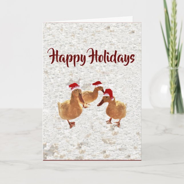 Three Jolly Santa Ducks in Snow  Christmas Card (Front)