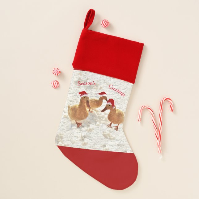 Three Jolly Santa Ducks In Snow Christmas Stocking (Front)