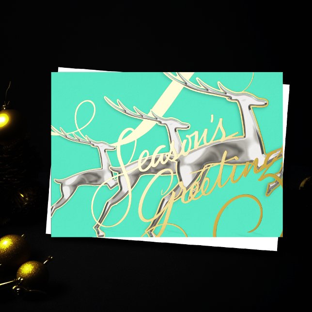 Three Jumping Deer Aqua Silver Foil Holiday Card (Creator Uploaded)