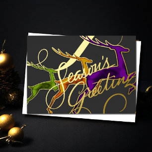 Three Jumping Deer Gray Lime Orange Purple Foil Holiday Card