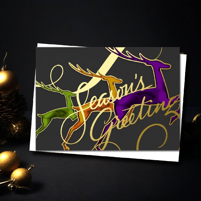 Three Jumping Deer Gray Lime Orange Purple Foil Holiday Card (Creator Uploaded)