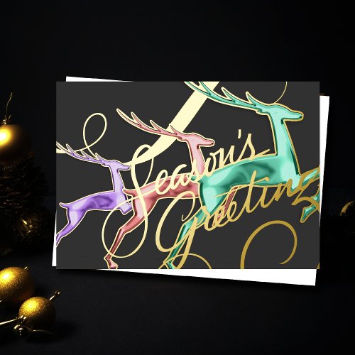 Three Jumping Deer Gray Pastel Colors Foil Holiday Card