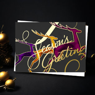 Three Jumping Deer Gray Purple Magenta Orange Foil Holiday Card