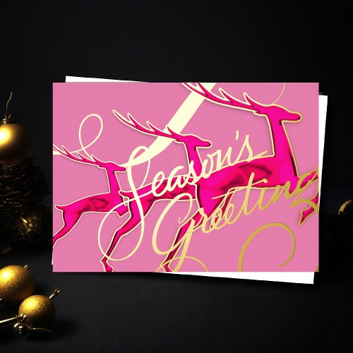 Three Jumping Deer Hot Pink Foil Holiday Card