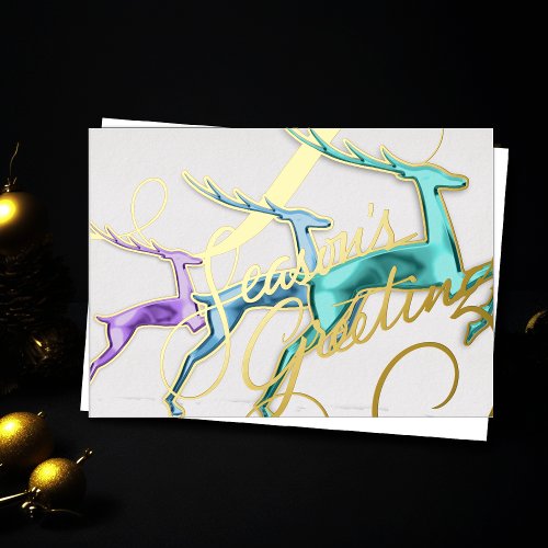 Three Jumping Deer Pastel Colors Foil Holiday Card