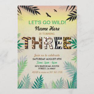 THREE Jungle 3rd Birthday Party Safari ZOO Invite