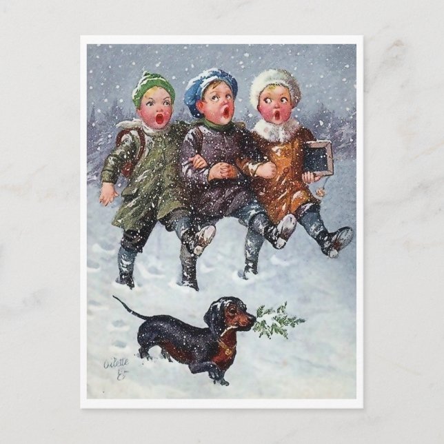 Three kid singing Christmas song on snow and dog Postcard (Front)
