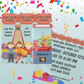Three Kids Arcade Birthday Party Invitation by kids_birthdays at Zazzle
