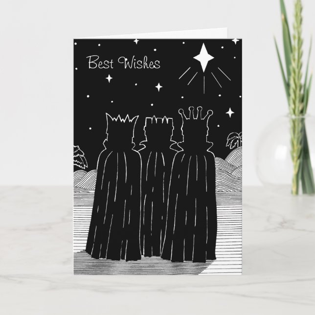 Three kings and Christmas star black and white Holiday Card (Front)