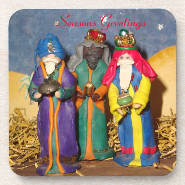 Three kings bearing gifts for baby Jesus christmas Beverage Coaster (Front)