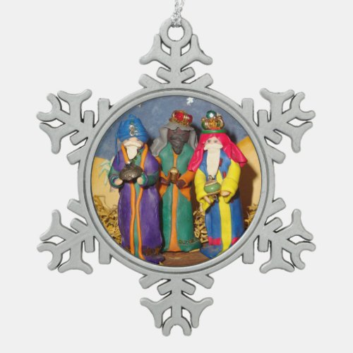 Three kings bearing gifts for baby Jesus christmas Snowflake Pewter Christmas Ornament