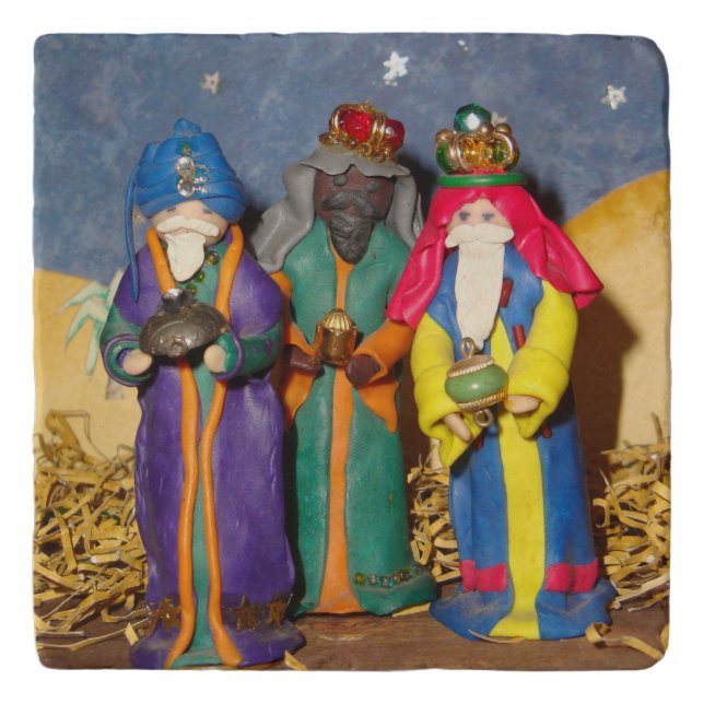 Three kings bearing gifts for baby Jesus christmas Trivet (Front)