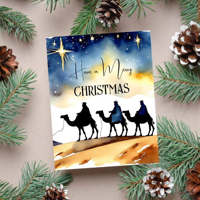 Three kings Christmas greetings religious Postcard (Three kings Merry Christmas greeting postcard three kings on camels under starry night sky star)