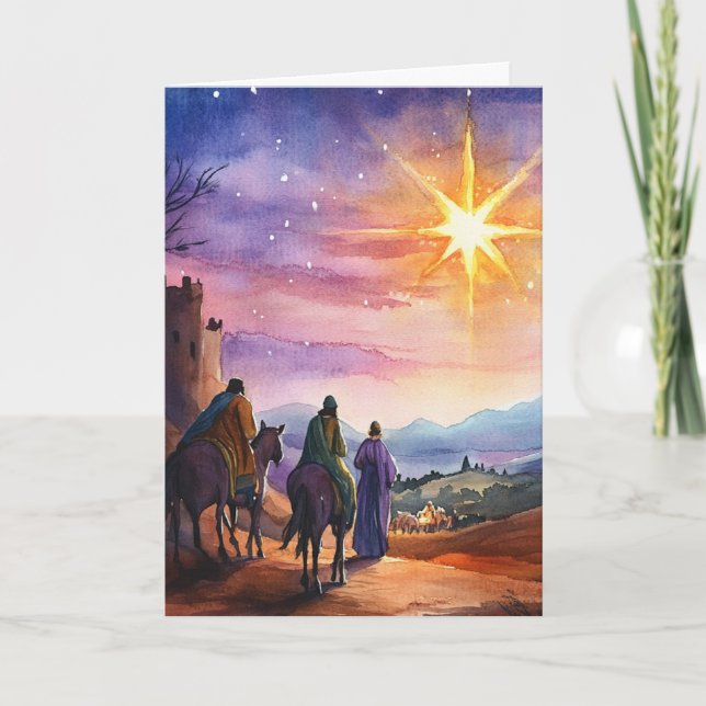 Three Kings Following Star Watercolor Scene Card (Front)