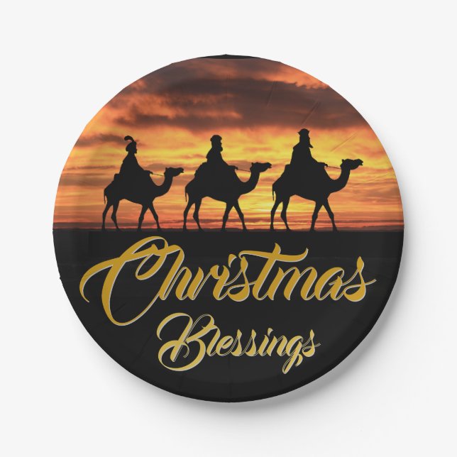Three Kings Riding Camels | Christmas Blessings Paper Plates (Front)