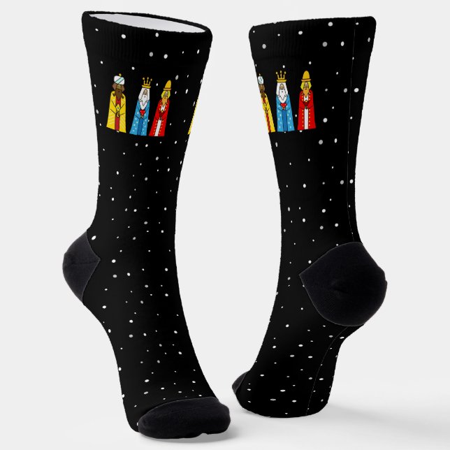 Three Kings & Snowflakes on Black Crew Socks (Angled)