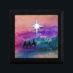 Three Kings Wooden Jewelry Keepsake Box<br><div class="desc">Beautiful watercolor scene with the silhouette of the Three Kings journeying to the new born Jesus. Religious Christmas card proclaiming the birth of Christ.</div>