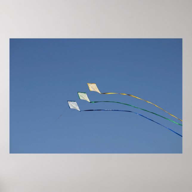 Three kites under blue sky in the morning poster (Front)
