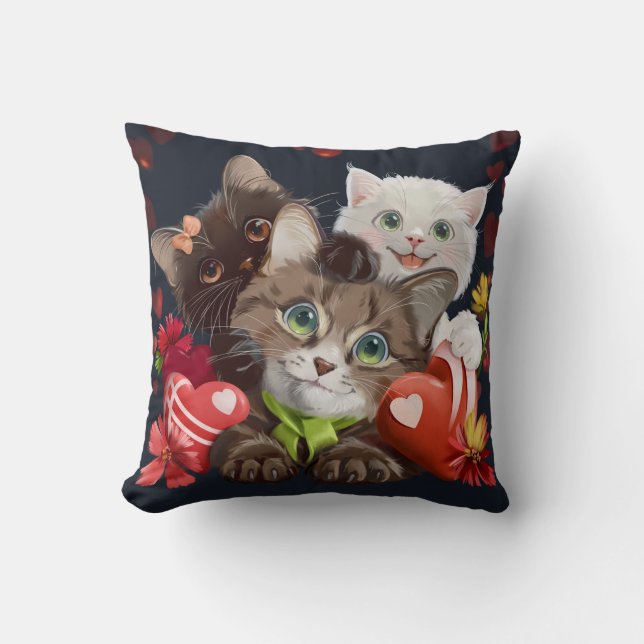 Three kittens and hearts throw pillow (Front)
