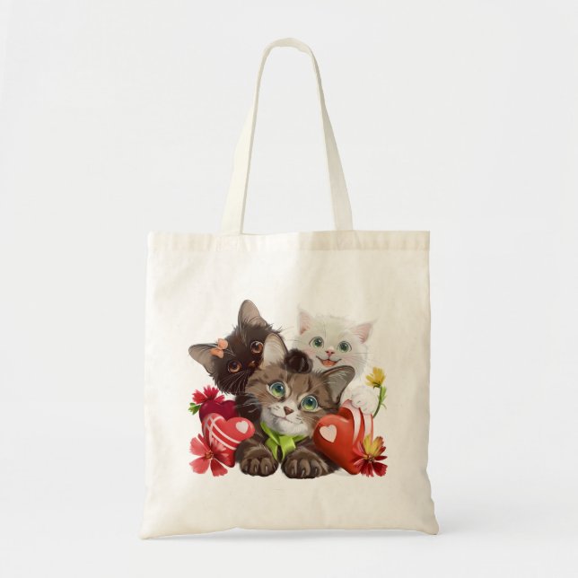 Three kittens and hearts tote bag (Front)