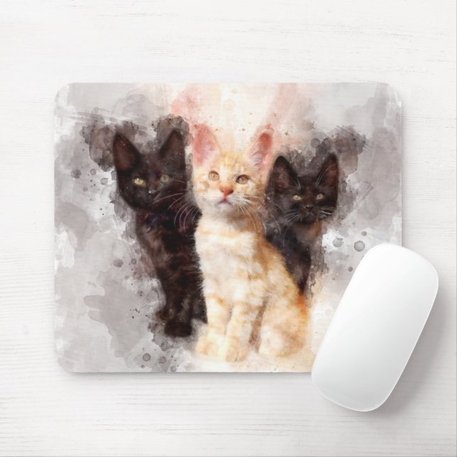 Three kittens cute and beautiful watercolor mouse pad (With Mouse)