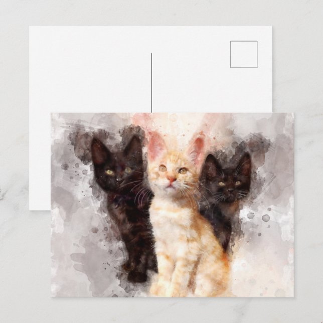 Three kittens cute and beautiful watercolor postcard (Front/Back)