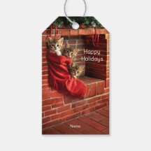 Three kittens in a Christmas Stocking Gift Tag