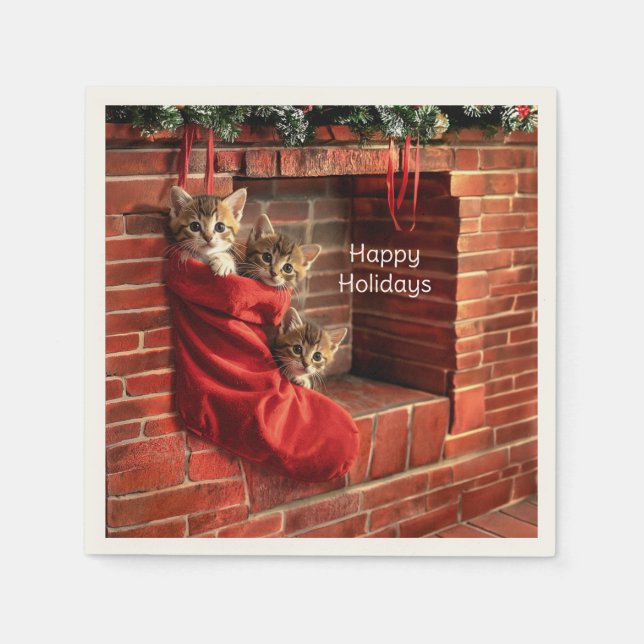 Three kittens in a Christmas Stocking Napkin (Front)