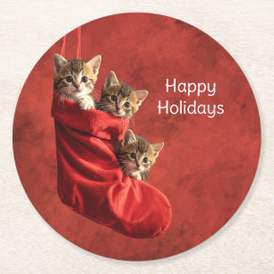 Three kittens in a Christmas Stocking Paper Round Paper Coaster