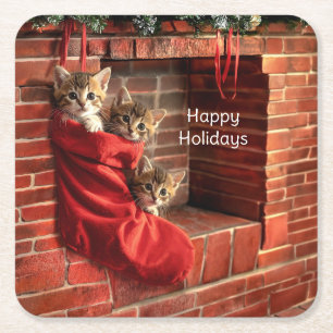 Three kittens in a Christmas Stocking Paper Square Paper Coaster