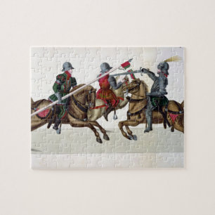 Three knights at a tournament, plate from 'A Histo Jigsaw Puzzle
