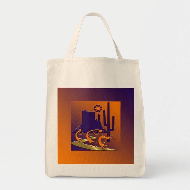 Three Kokopelli on the Golden Road Tote Bag (Front)