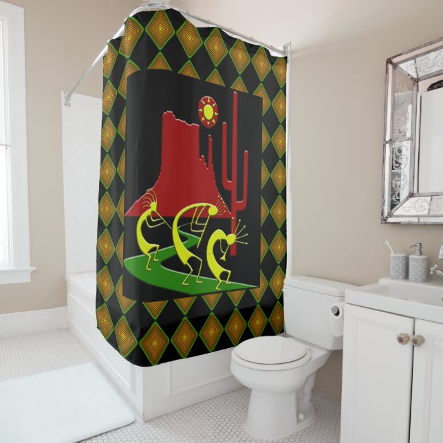 Three Kokopelli on the Road Shower Curtain (In Situ)