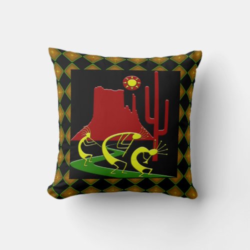 Three Kokopelli on the Road Throw Pillow