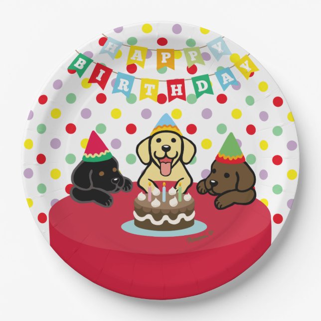 Three Labrador Puppies Cartoon Birthday Paper Plates (Front)