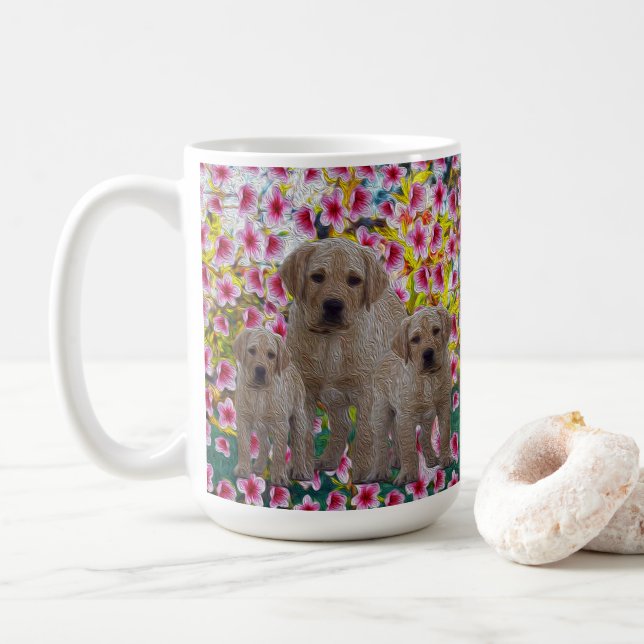 Three Labrador Puppies Oil Painted,   Coffee Mug (With Donut)